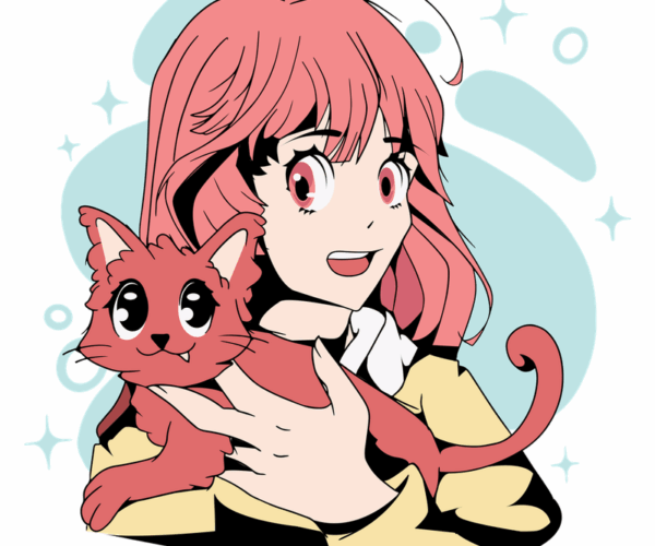 Anime Girl with Red Cat - Kawaii Pastel Dreams