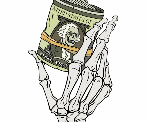 Skeletal Hand Clutching Cash - Grim Reaper's Riches