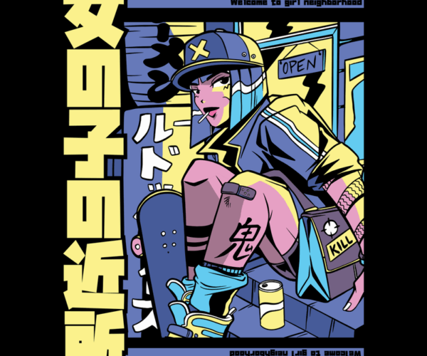 Girl Skateboarder - Cyberpunk City Nights