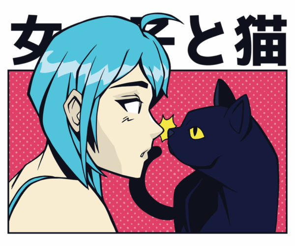 Anime Girl and Black Cat - Pop Art Kawaii