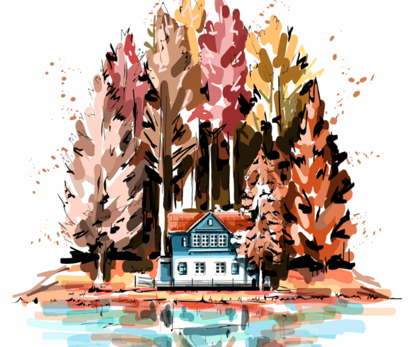 Lakeside Cabin - Autumn Reflections