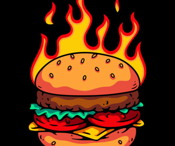 Flaming Burger - Cartoon Food Art
