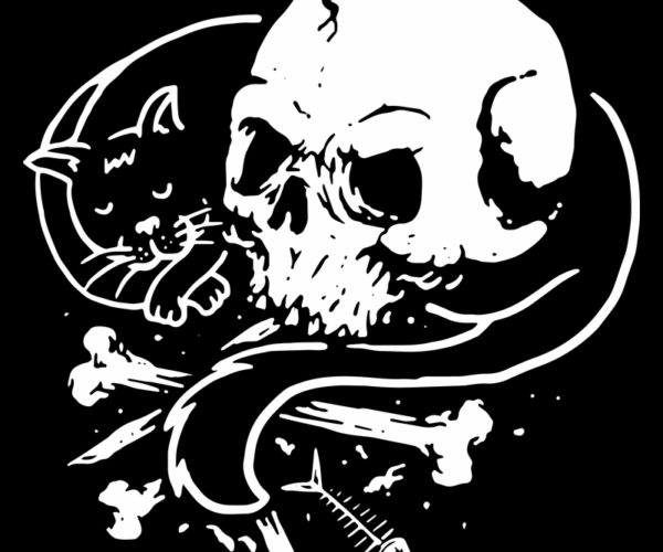 Death's Cuddle - Whimsical Skull & Cat